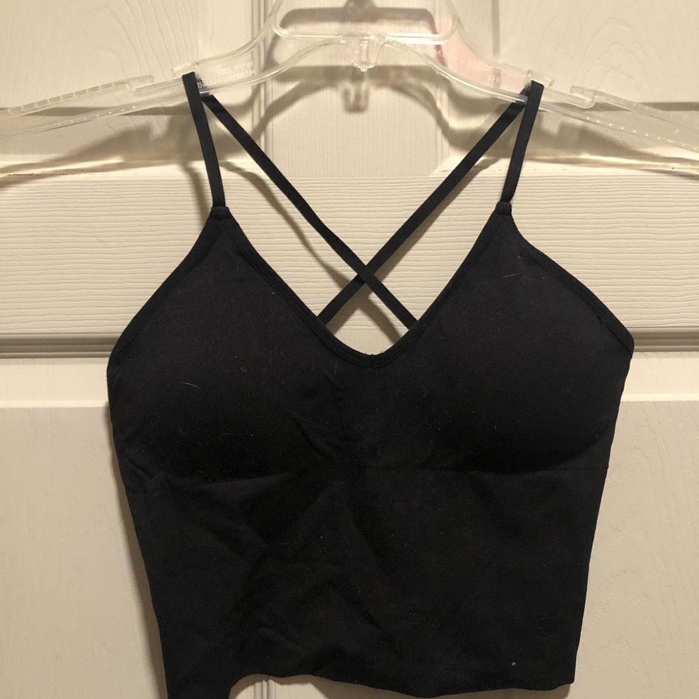 ITXON Black Cute Crop Top with Spaghetti Straps/Padded Sports Bra  M